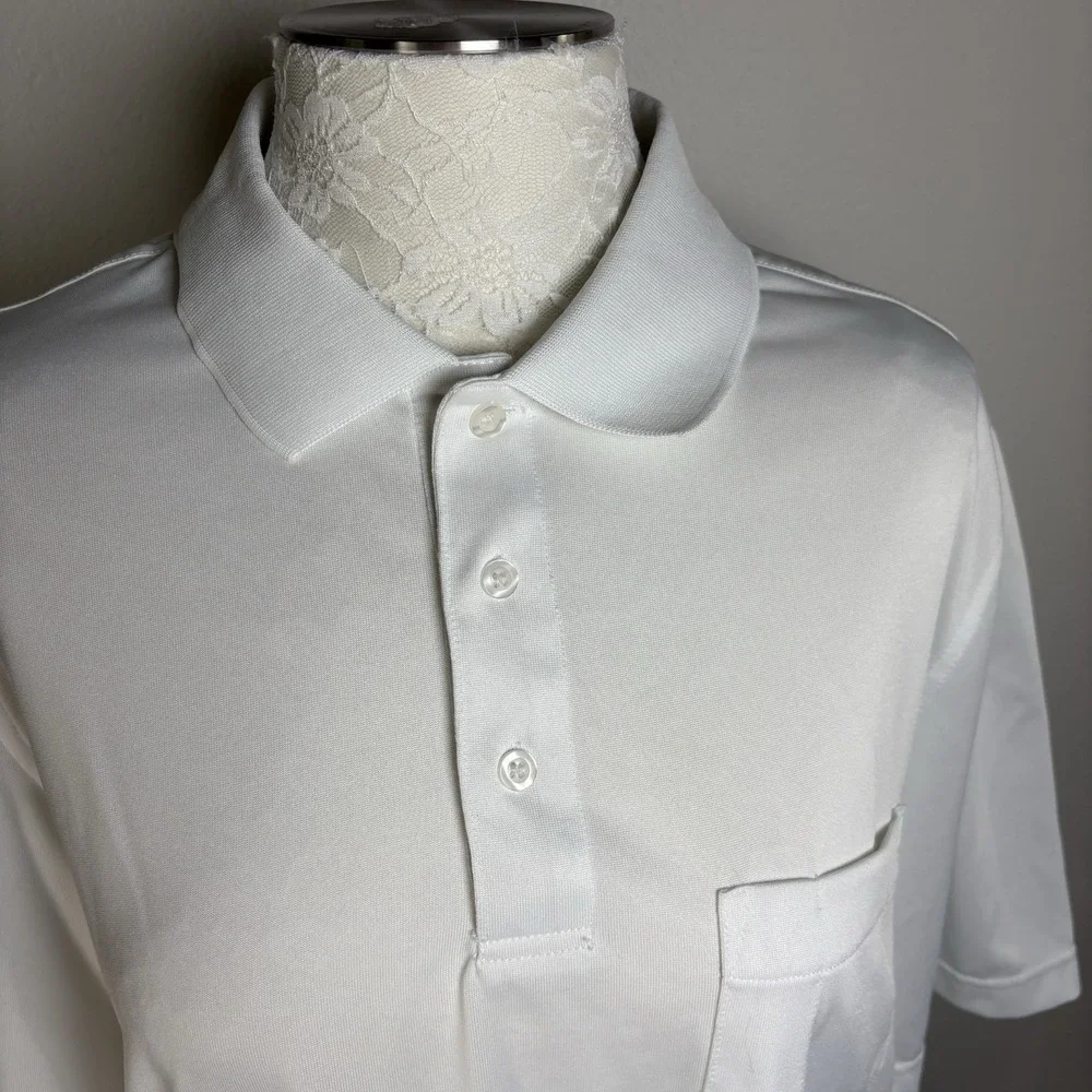 Harriton Mens L White Polo Shirt Business Casual Golf Core Polyester Pocket